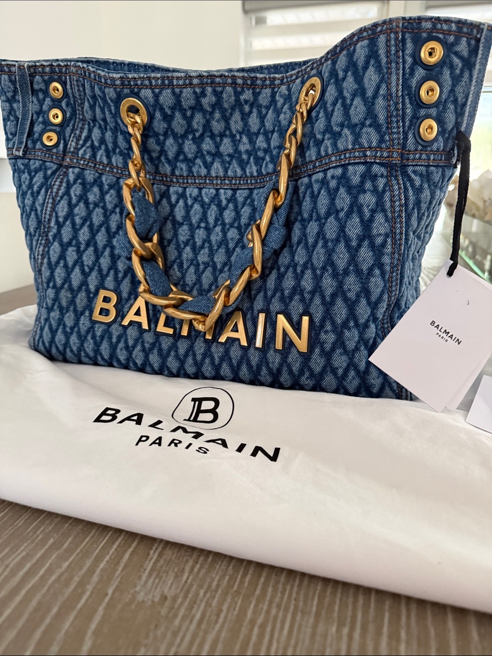 Balmain Denim Monogram Quilted Tote with Gold Chain - Picture 3 of 16